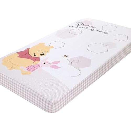 Disney Winnie The Pooh Hugs and Honeycombs Grey and White Dreams as Sweet as Honey with Hexagons and Piglet 100% Cotton Photo Op Fitted Crib Sheet