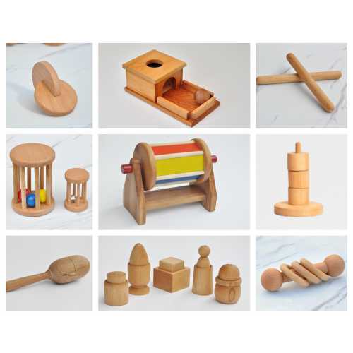 Box of Montessori Wooden Toys, Montessori Rolling Rattle, Montessori Interlocking Disc, Spinning Drum, Egg in Cup, Maracas