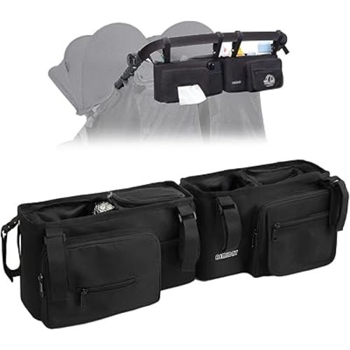 Double Stroller Organizer Compatible with BOB Duallie and Baby Jogger City Mini GT2 Double Stroller, Double Baby Stroller Accessories with 2 Cooler Pockets , Black(Empty Bag)