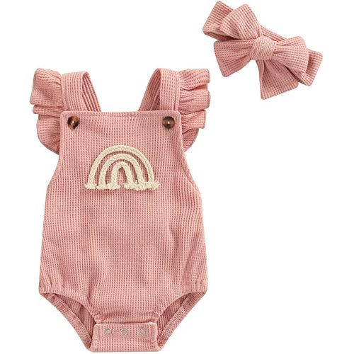 Newborn Baby Boy Girls Clothes Infant Rainbow Romper Waffle Ruffled Sleeveless Backless Bodysuit Jumpsuit Headband Outfit - B-pink - 3-6 Months