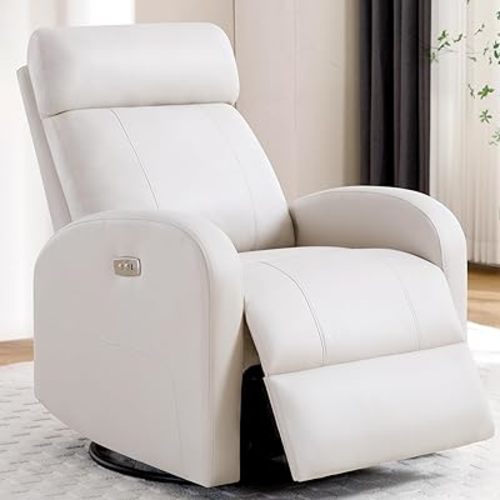 Swivel Rocker Recliner, Leather Power Rocking Recliner Chair with USB Port, Swivel Glider Reclining Chair Nursery Recliners for Living Room, Beige