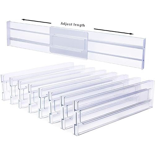 MOTSTATY Drawer Divider 8 Pack-3.2" High, 12.2-21.4" Length Adjustable Acrylic Drawer Organizer for Clothes, Expandable Dresser Separators in Bedroom/Kitchen/Office Organization and Storage