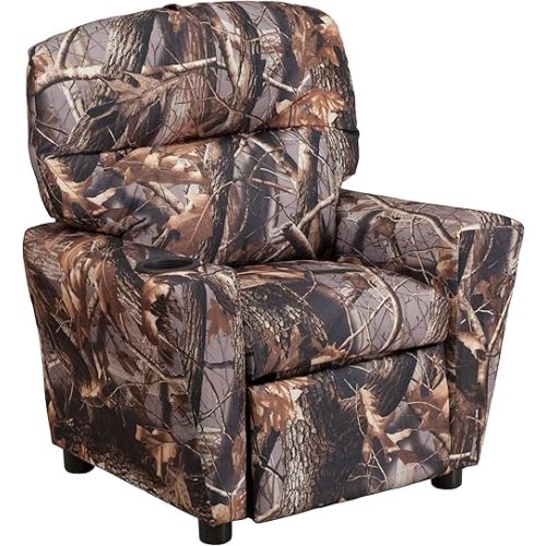 Flash Furniture Chandler Vinyl Kids Recliner with Cup Holder and Safety Recline, Contemporary Reclining Chair for Kids, Supports up to 90 lbs., Camouflage