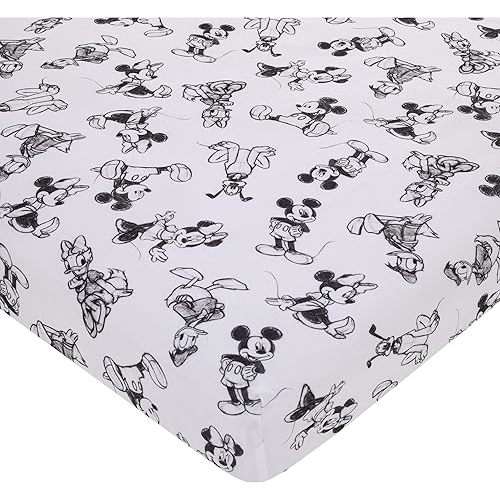 Disney Mickey Mouse - Charcoal, Black and White Mickey and Friends, Minnie Mouse, Donald Duck and Pluto Nursery Fitted Mini Crib Sheet