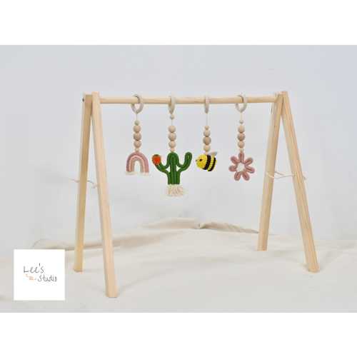 Hanging Baby Gym Toys, Natural Wood Play Baby Gym, Newborn Natural Baby Gift, Cactus Activity Gym Toys , Animal Rattles,Toys Handmade