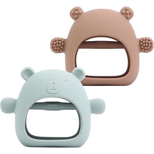 2 Pack Silicone Baby Teether Toy for Infants 3+ Months, Anti-Drop Silicone Baby Mitten Teether for Soothing Teething Pain Relief, Baby Chew Toys for Sucking Needs, (Moody Blue, Camamel)