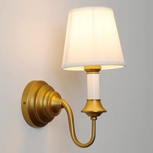 Vintage Fabric Wall Sconce Light with Curved Arm, Rustic Linen Cloth Wall Light Fixtures, Hardwired Brass Wall Mounted Lamp for Bathroom Vanity Bedroom Living Room