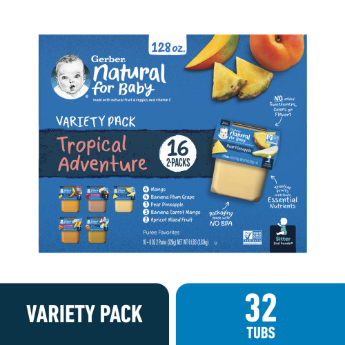 Gerber Stage 2 Baby Food, Tropical Adventure Variety Pack, 4 oz Tubs (32 Pack)