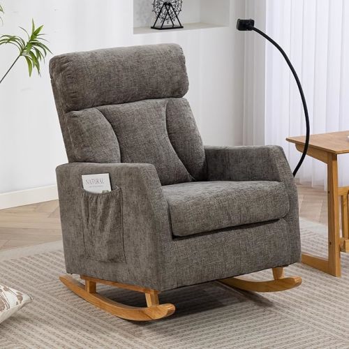 UVV Rocking Chair with Retractable Phone Holder - Modern Glider Recliner Armchair, Wood Legs & Side Pocket, High Back Nursery Accent Chair for Living Room, Bedroom, Beige