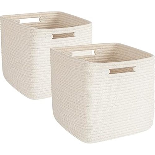 AELS Hand Woven Cotton Basket for Storage, Cube Storage Bins with Handles, Foldable Collapsible Closet Organizers and Storage, Boho Farmhouse Storage Cubes for Shelves, Beige