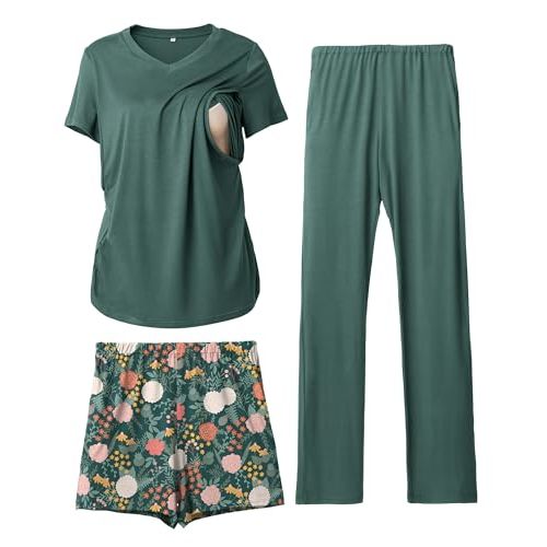 Rnxrbb 3 Piece Women's Maternity Nursing Pajamas Set V Neck Breastfeeding Pjs Sleepwear Postpartum Shorts&Pants Pockets