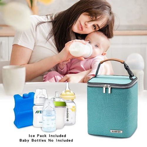 BABEYER Breast Milk Cooler Bag with Ice Pack Fits 4 Baby Bottles Up to 9 Ounce, Baby Bottle Bag for Nursing Mom Daycare-Aqua - Fits 9 Oz Baby Bottles