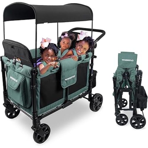 WONDERFOLD W4 Elite Stroller Wagon (4 Seater) - Collapsible Wagon Stroller with Seats with 5-Point Harnesses, Adjustable Push Handle, and Removable UV Sun Canopy, Hunter Green