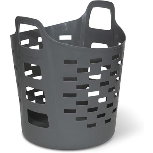 Clorox Flexible Laundry Basket - Plastic Hamper for Clothes, Bedroom, and Storage - Portable Round Bin with Carry Handles, 1 Bushel, Grey