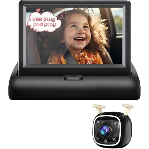 Baby Car Camera USB Powered Rear Facing Seat Camera, HD 1080P Night Vision, 150° Wide Angle, Easy Installation, 360° Adjustable Display Baby Mirror