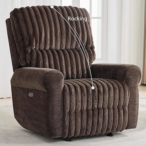 Power Nursery Glider Rocking Recliner Electric Fuzzy Rabbit Plush Rocker Reclining Chair with Type-C & USB Port,Chenille Armrest,Soft Fabric for Living Room Brown