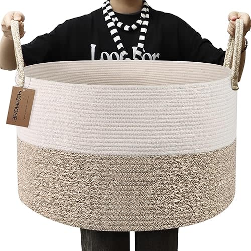 Large Cotton Rope Basket,22"x22"x14"Throw Blanket Storage for Living Room Woven Baby Laundry Basket with Handle Nursery Basket Soft Toy Storage Basket Comfoter Cushions Thread Hamper