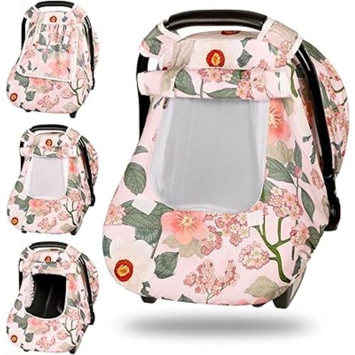 TANOFAR Car Seat Cover Baby, Winter Carseat Cover for Newborn, Infant Car Seat Cover with Windproof and Kick-Proof, Super Warm Plush Fleece Baby Carrier Cover for Infant Boys Girls (Floral)