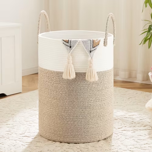 Laundry Basket, Woven Cotton Rope Laundry Hamper for Decor Storage of Dirty ClothesToys and Blankets in Bathroom, Baby Room and Living Room
