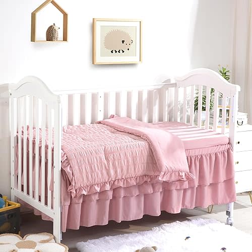 BALAPET Seersucker Princess Pink Crib Bedding Set for Baby Girls, 3 Pieces Ultra Soft Blush Pinch Pleat Comforter Set with Ruffles Crib Skirt and Fitted Sheet for All Season