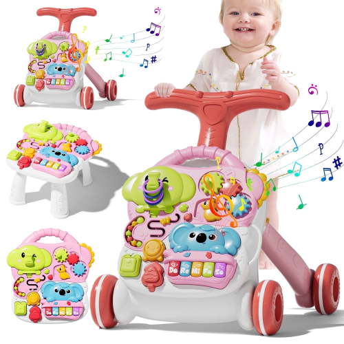 Wonderstone 3 in 1 Baby Walker Sit and Stand Push Learning Toys, Speed & Height Adjustable Musical Activity Center for 12 Month and up, Pink