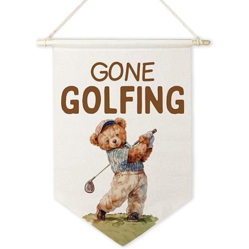 ArtisaEura Bear Nursery Golf Wall Canvas Banners, Bear Nursery Decor, Gone Golfing Hanging Display Pennant Banner Flags, Cute Animals Wall Decor for Kids Room Bedroom Playroom