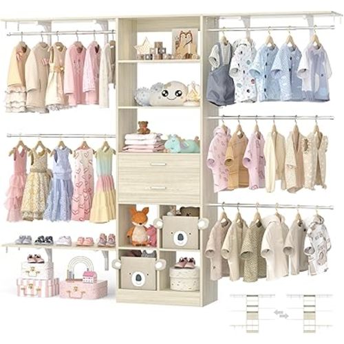 Closet System - 4.75-8FT Closet Organizer System with Wooden Drawers & Cube Storage Organizer, Up To 96" Closet Systems for Nursery & Walk-In Closets with Cuttable Hanging Shelving, Greige Oak