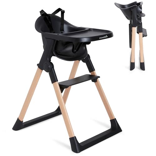 Munchkin Float Baby High Chair, Foldable and Easy to Clean, for Babies and Toddlers, Black with Wooden Legs
