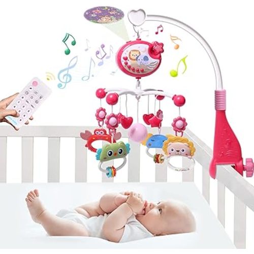 Baby Mobile for Crib with Crib Toys Music and Lights for Pack and Paly Crib Musical Carousel Mobile Baby Mobile for Girls and Boys Portable Mobile for Baby Bassinet Toys Hanging - Red