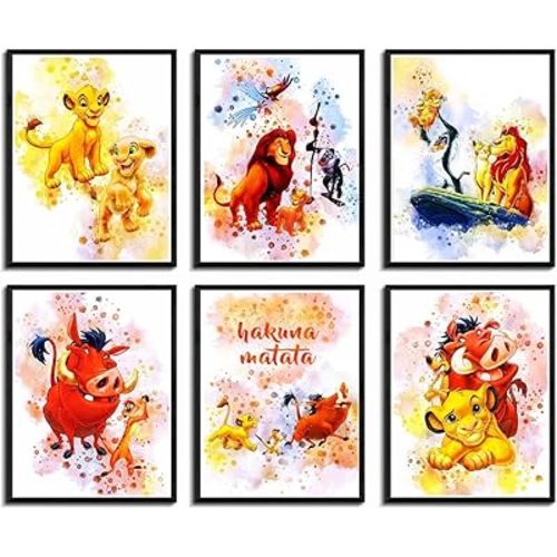 IVYILA Lion King Poster Simba Watercolor Prints Wall Art Decor Timon Pumbaa Nala Canvas Art HD Print Painting Room Aesthetics Decor 8X10 inch Set of 6 Unframed
