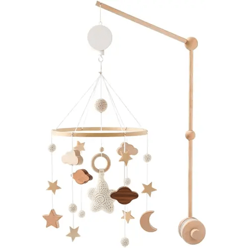 Baby Mobile for Crib, Boho Moon Stars Clouds Baby Crib Mobile with Bed Bell Bracket/Manual Wind-Upmusic Box Set for Girls Boys Bassinet