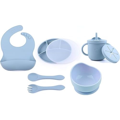 Silicone Feeding Utensils Set 8Pcs For Baby- Led Weaning Essentials,Divided Suction Plate,Lid,Bowl,Fork,Spoon,Adjustable Bib-2in1 Drinking+Snack Cup,Gift for Infant and Toddler(Dust Blue)