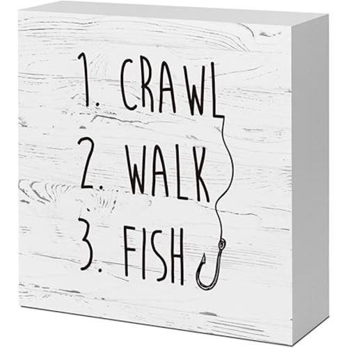 White Crawl Walk Fish Rustic Wooden Sign Desk Decor, Funny Baby Fishing Wood Block Sign for Home Bedroom Baby Room Shelf Table