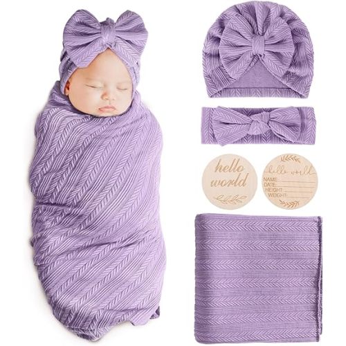Newborn Receiving Blanket Wheat-Pattern Baby Girl Swaddles Wraps with Bow Hat Headband Wooden Card for Newborns Toddler Gift Baby Essentials