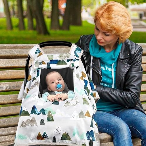 Baby Car Seat Cover, Car Carseat Canopy Boys, Minky Cozy & Warm Cover, Infant Carrier Cover with Peep Windows, Soft & Breathable, Adventure Mountain Nursery Theme