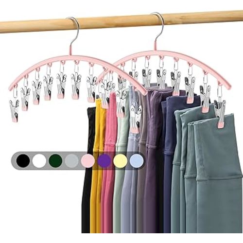 Legging Organizer for Closet, Metal Yoga Pants Hangers 2 Pack w/10 Clips Holds 20 Leggings, Space Saving Hanging Closet Organizer w/Rubber Coated Closet Organizers and Storage, Pink