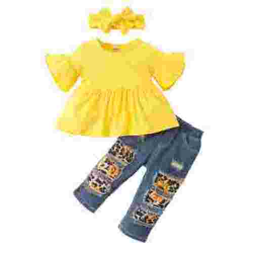Toddler Girls 3PCS Outfits 9-24 Months: Flared Sleeve Top, Sunflower Patch Jeans Pants, Headband Set, Yellow