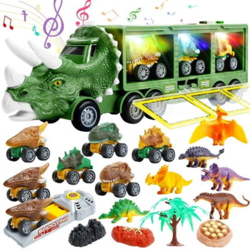 JoyStone 20 in 1 Dinosaur Toys with Light, Music & Roar Sound, Dino Toddler Toys Including Toy Truck, Pull Back Dinosaur Cars, Mini Dinosaur Figures & Slide, Birthday Gift, Green