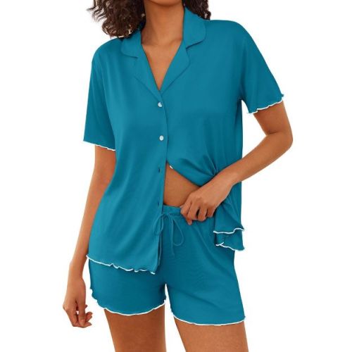 Ekouaer Womens Pajama Sets Button Up Pjs Shorts Sets Soft Sleepwear 2 Piece Lounge Sets for Bridal Parties Postpartum Blue Green M