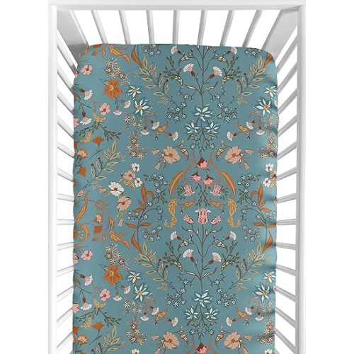 Sweet Jojo Designs Boho Wildflower Vintage Floral Girl Fitted Crib Sheet Baby Toddler Bed Nursery Teal Turquoise Rust Orange Daisy Leaves Botanical Paisley Leaf Flower Bohemian Farmhouse Blue Green