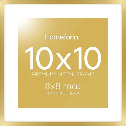 Homeforia 10x10 Gold Picture Frame, High-End Metal Square 10 x 10 Frame for Wall and Tabletop Mat 8x8, Gold Picture Frame, Tempered Glass, Wall Kit, Set of 1