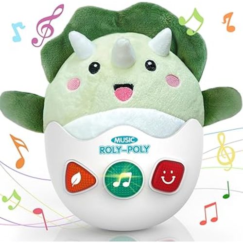 Baby Dinosaur Toys 0-3-6-12 Months, Musical Infant Toys with Light & Sounds, Soft Plush Stuffed Animal, Newborn Boys Girl 1st Birthday Shower Gift, Roly-poly Sensory Tummy Toy Easter Egg Gifts