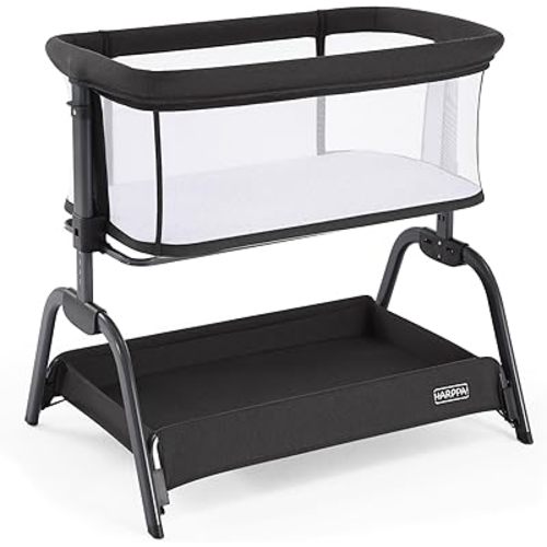 HARPPA Cuddly Bassinet, 2 in 1 Baby Bassinet with Breathable Mesh and Mattress, 6 Height Adjustable, Bedside Sleeper with Anchor Strap, Storage Basket and Wheels