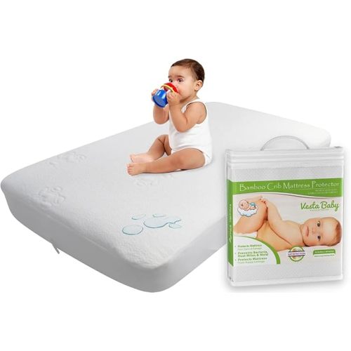 Vesta Baby Crib Mattress Protector - 52” x 28” Noiseless Waterproof Pad Cover - Absorbent Soft Jacquard Bamboo Rayon Fitted Sheet for Infant & Toddler Potty Training