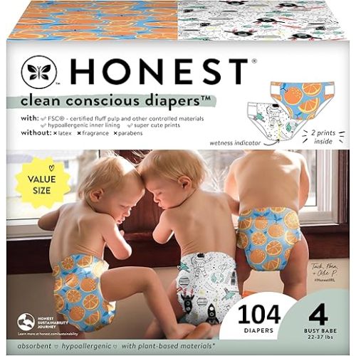 The Honest Company Clean Conscious Diapers | Plant-Based, Sustainable | Space Travel + Orange You Cute | Super Club Box, Size 4 (22-37 lbs), 104 Count