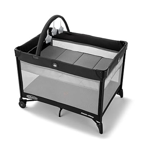 Graco On The Go Zip Pack ‘n Play Playard, Folding Playpen with Bassinet, Portable Crib, Reeves