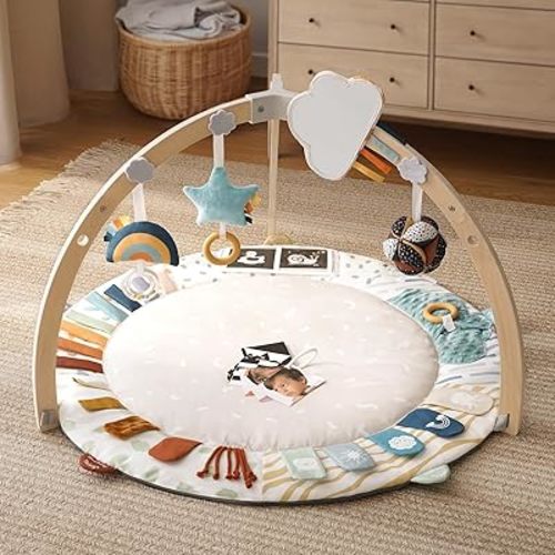 Blissful Diary Baby Play Gym & Mat, 5 Developmental Zones Baby Activity Mat, Wooden Tummy Time Mat with 6 Detachable Sensory Toys for Motor Skills & Sensory Development, Baby Essentials Shower Gift