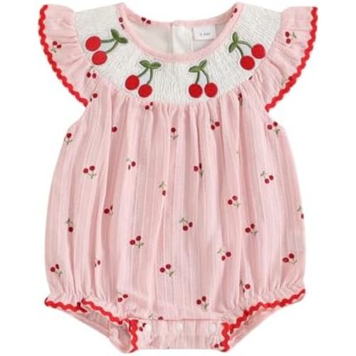 Newborn Smocked Baby Girl Bubble Romper Sleeveless Ruffle Linen Bodysuit Infant Cherry Fruit Summer Outfit