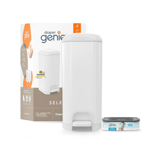 Diaper Genie Select Pail is Made of Durable Stainless Steel and Includes 1 Starter Square Refill That can Hold up to 165 Newborn-Sized Diapers.