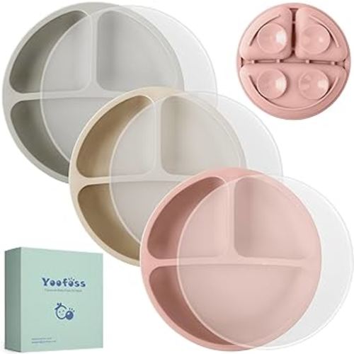 Yoofoss Toddler Plates with Lids - Suction Plates for Baby - 100% Silicone Baby Plates 3 Pack - BPA Free - Microwave and Dishwasher Safe - Divided Design - Apricot,Brown&Pink